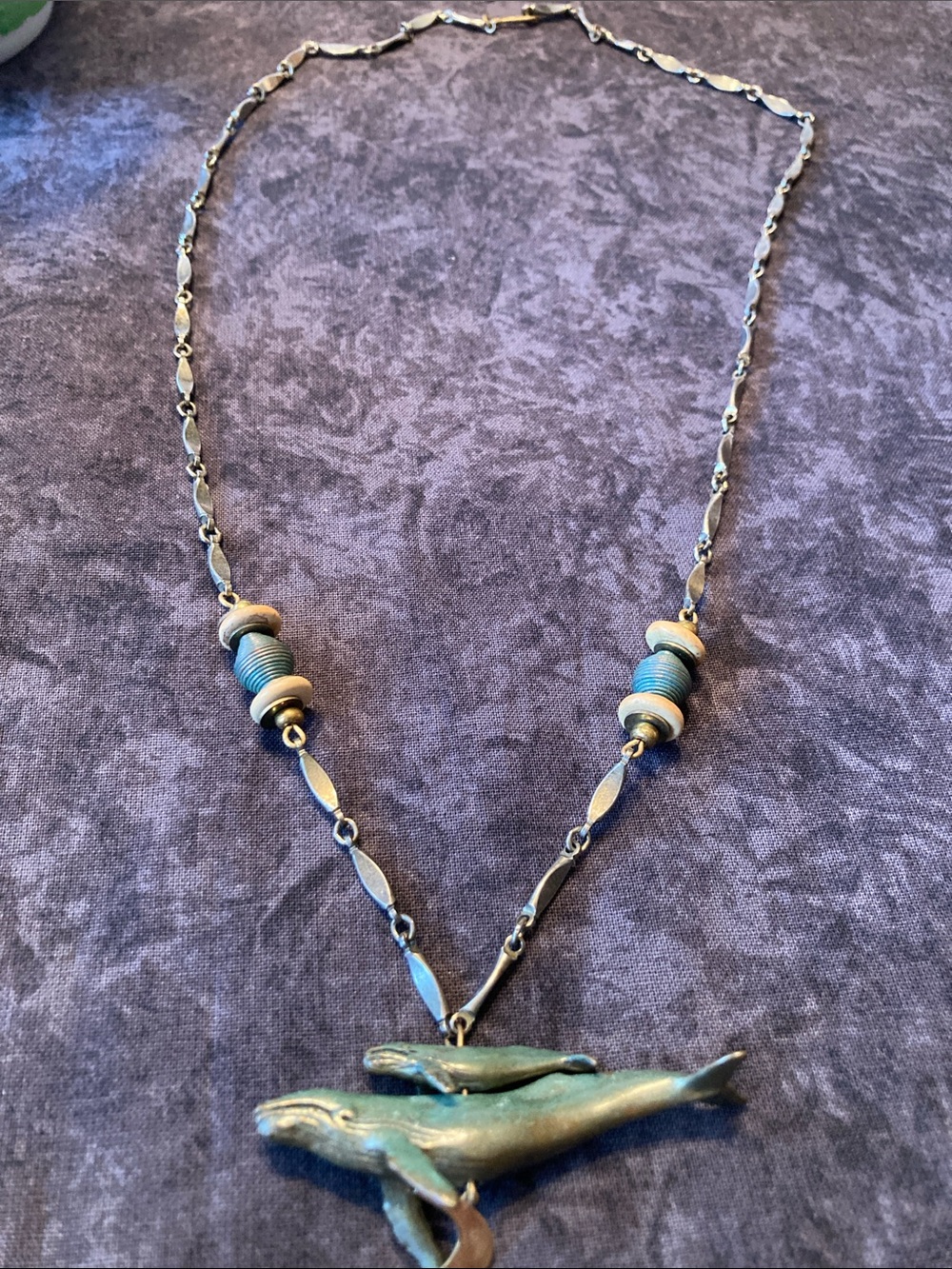 Whale & Baby Pendant Necklace in Teal and Silver - Over the Head Chain